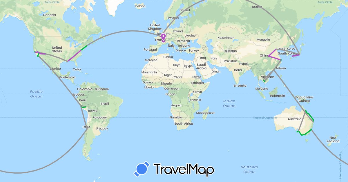 TravelMap itinerary: driving, bus, plane, train in Australia, Chile, China, France, Hong Kong, Japan, Cambodia, Peru, United States (Asia, Europe, North America, Oceania, South America)